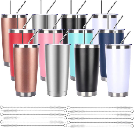 Pandance 20oz Stainless Steel Insulated Tumblers with Lid and Straw Bulk, Double Wall Vacuum Water Cups for Hot & Iced Coffee Drinks Travel Mug (Mix, 12 pack)