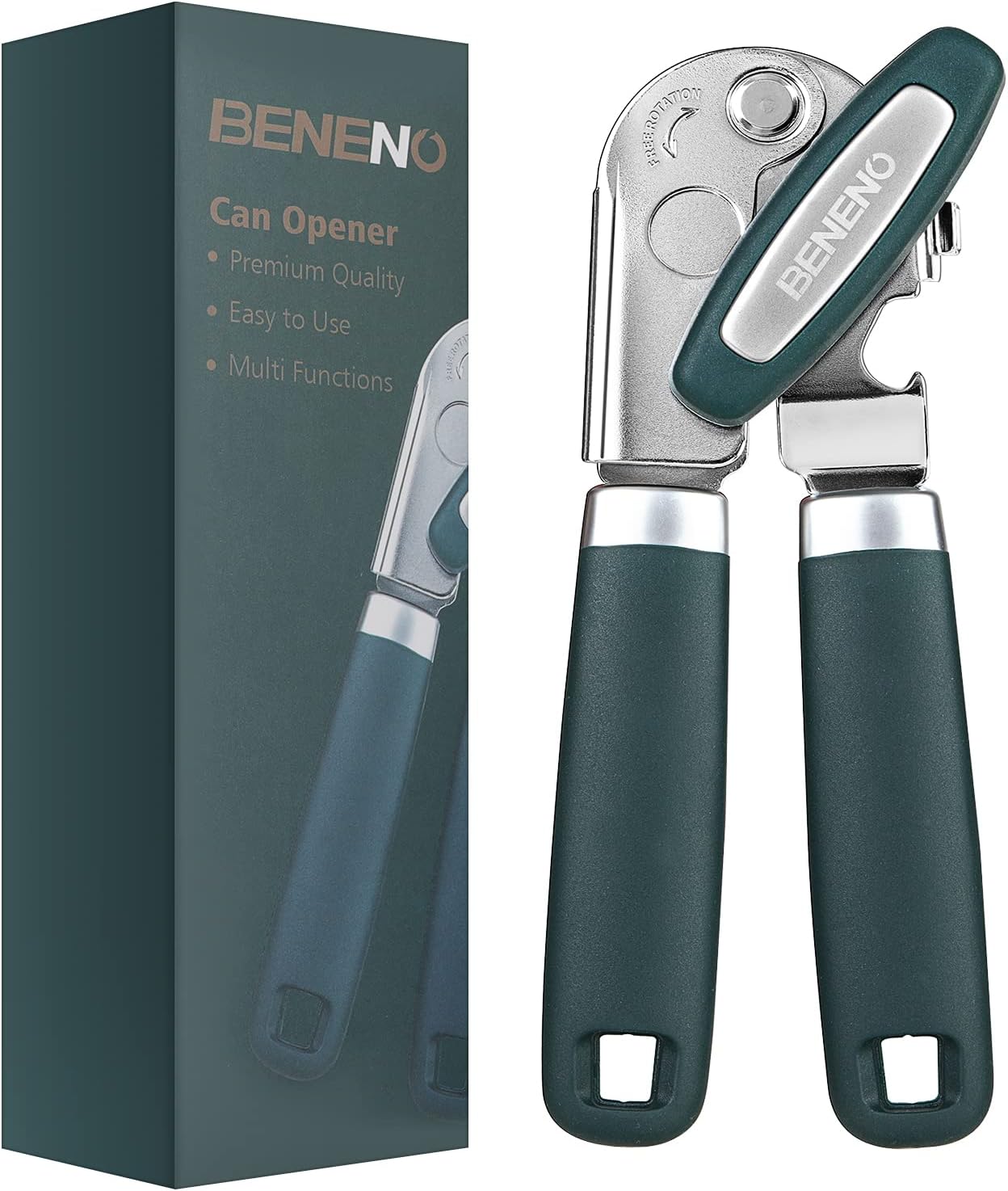 Beneno Can Opener Manual with Magnet, Hand Held Heavy Duty Can Opener with Durable Sharp Blade Smooth Edge, Big Effort-Saving Knob, Soft Grip Rubber Handle, Multifunctional Bottle Opener, Green