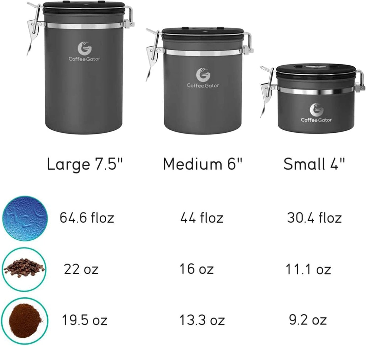 Coffee Gator Coffee Canister Airtight, 16oz Stainless Steel and 4oz Borosilicate Glass Travel Kitchen Food Storage Container with Date Tracker, Scoop for Beans, Ground, Sugar, Tea, Cookies Jars