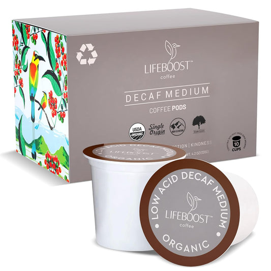 Lifeboost Organic Decaf Coffee K Cups - Low Acid Single Origin Non-GMO Mold Free Decaf Coffee Pods Compatible with Keurig & Keurig 2 - No Mycotoxins or Pesticides - 10 Count