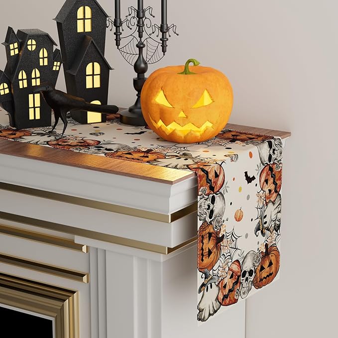 XCHI Spooky Skeleton Ghost Pumpkin Halloween Table Runner Party Table Decoration for Home Kitchen Dining Holiday Decor 13x72 Inch