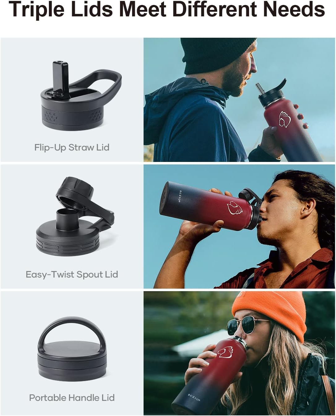 BUZIO 40 oz Water Bottle Insulated with Straw & 3 lid and Carrying Pouch, Leak Proof Anti-Slip Stainless Steel Water Flask Jug, Cold for 48 Hrs Double Vacuum Thermo Canteen, BPA-Free, Ruby Red Navy