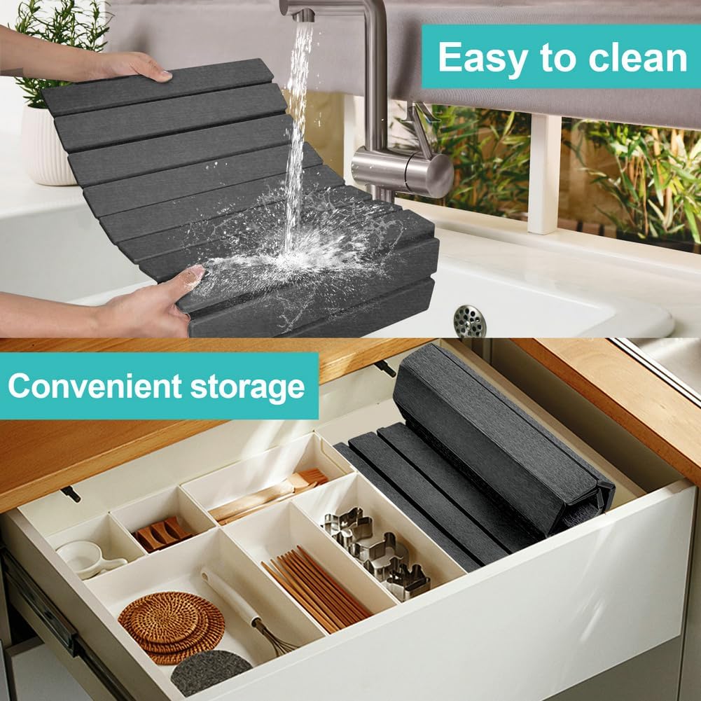 Large Diatomaceous Stone Drying Mat for Kitchen Counter, Quick Dry Collapsible Drying Mat , Absorbent Bath Mat for Kitchen Dishes Cups Bottles Bathroom Any Countertop, 24 In x 16 In, Dark Gray