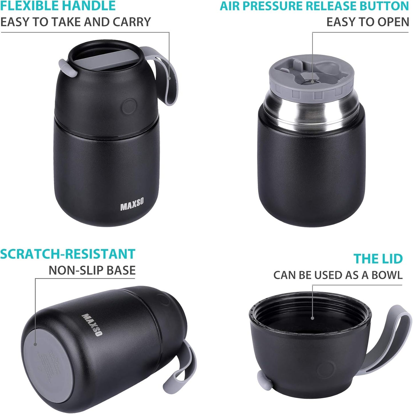 Insulated Thermo Food Jar for Hot & Cold Food for Kids Adult, 17&24 oz Soup Thermal Hot Food Containers for Lunch, Triple Layer Insulation Stainless Steel Food Jar with Spoon (2 Pack Black)