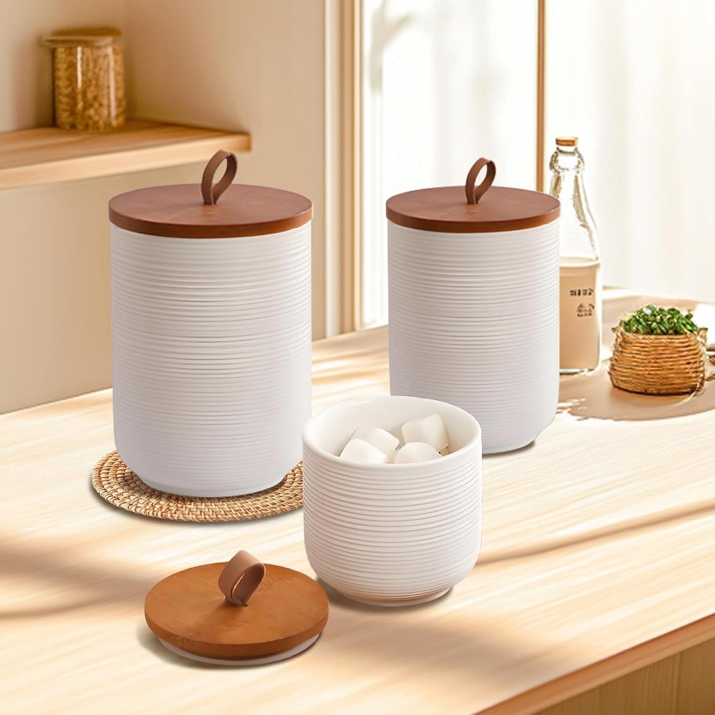 Food Storage Jar Strong Ceramic Storage Canisters with Airtight Wooden Lid,Kitchen Storage Containers for Serving Coffee Beans, Tea, Sugar, Salt, Spices (Medium white)