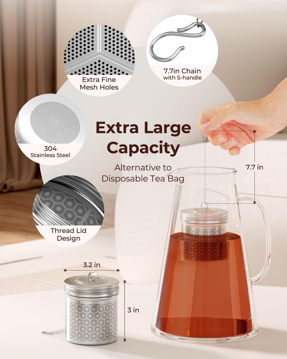 2 Pack Reinmoson Extra Large Tea Infuser for Loose Tea & Spice Infuser for Cooking, Extra Fine Mesh Large Tea Strainers for Loose Tea, 304 Stainless Steel Loose Leaf Tea Steeper