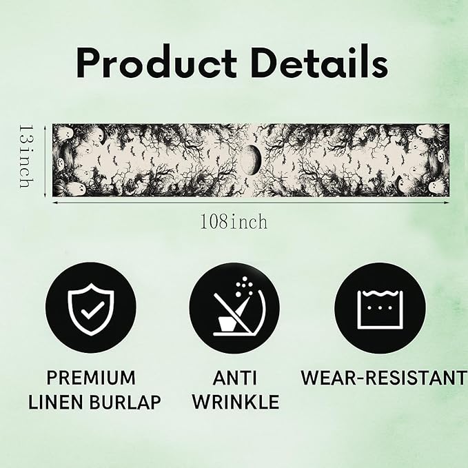 GPGHE Halloween Table Runner Black Ghost Holiday Burlap Table Decoration Indoor Outdoor Home Decor Party Supply 13 x 108 Inch