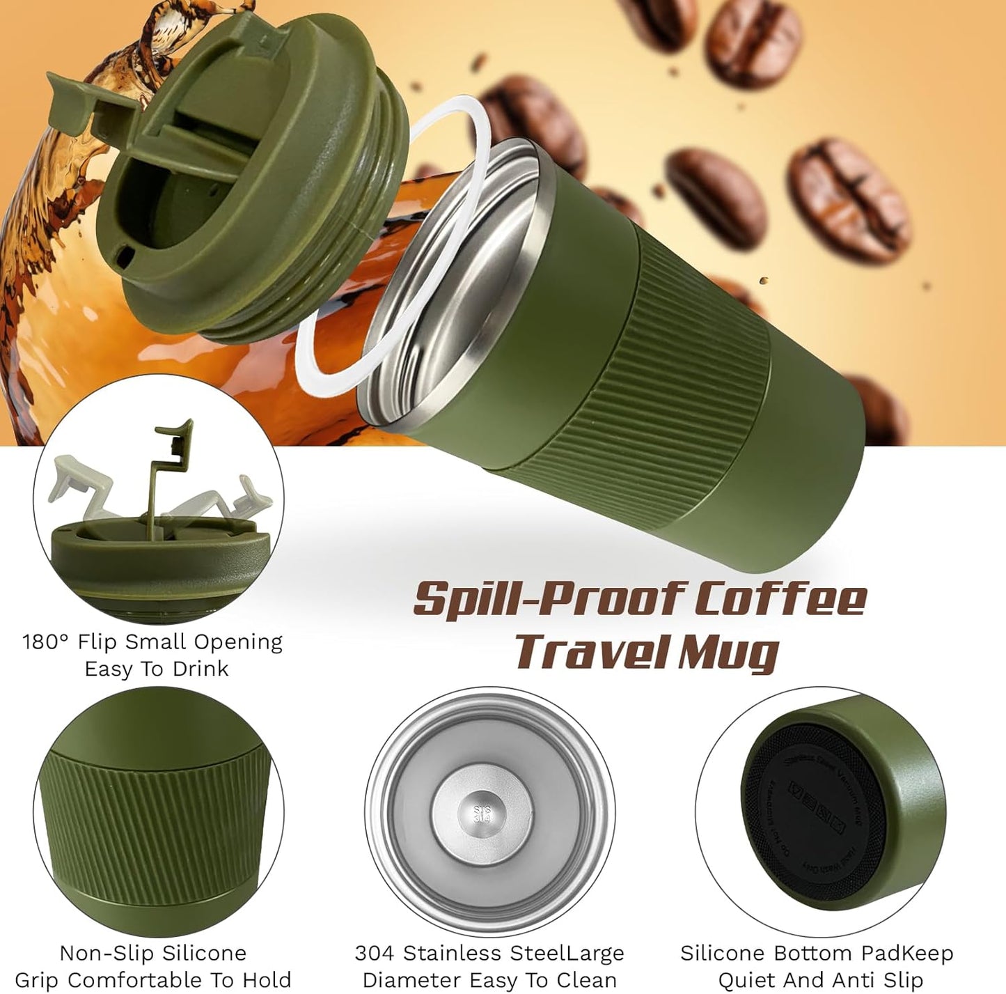 Vacuum-Insulated Stainless Steel Travel Coffee Mug, Leak-Proof Reusable Coffee Cup with Lid - Keep Hot & Cold Drinks for Hours, Durable Thermos Tumbler for Men & Women (3rd-Green, 12OZ)