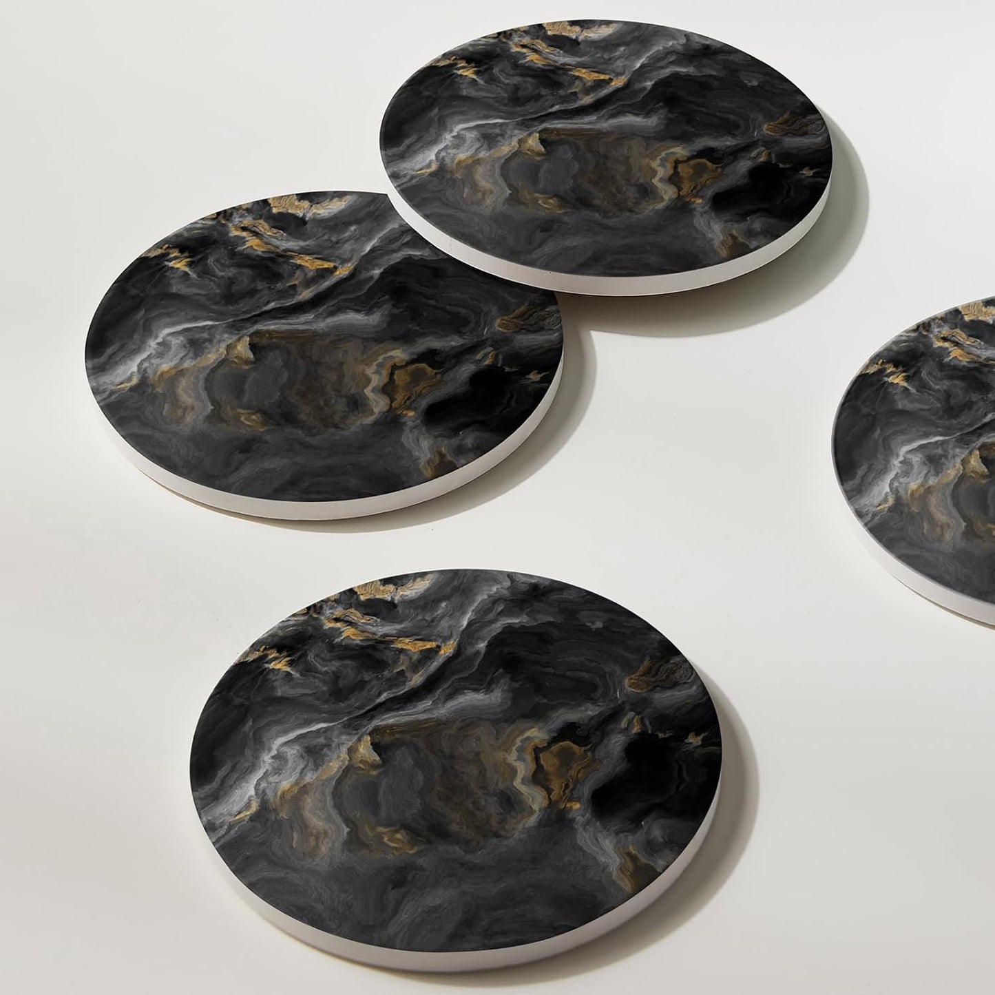 Set of 6 Abstract Black Marble Coasters with Holder, Absorbent Ceramic Coasters for Drinks, Coasters with Cork Backing for Table Protection, Housewarming Gifts for New Home