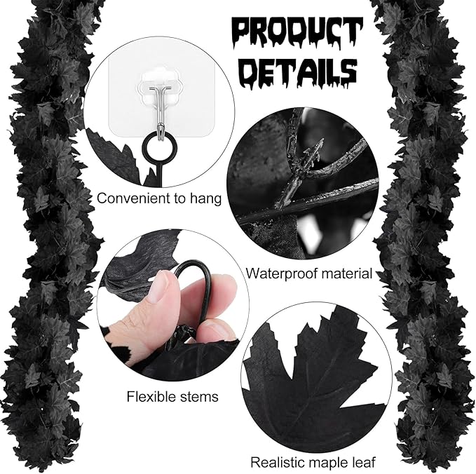 Joyhalo 2 Pack Halloween Garland, 5.7FT Black Leaf Garland for Mantle, Artificial Hanging Black Maple Leaves Vines, Spooky Halloween Outdoor Floral, Haunted Mansion, Fireplace, Fall Decor