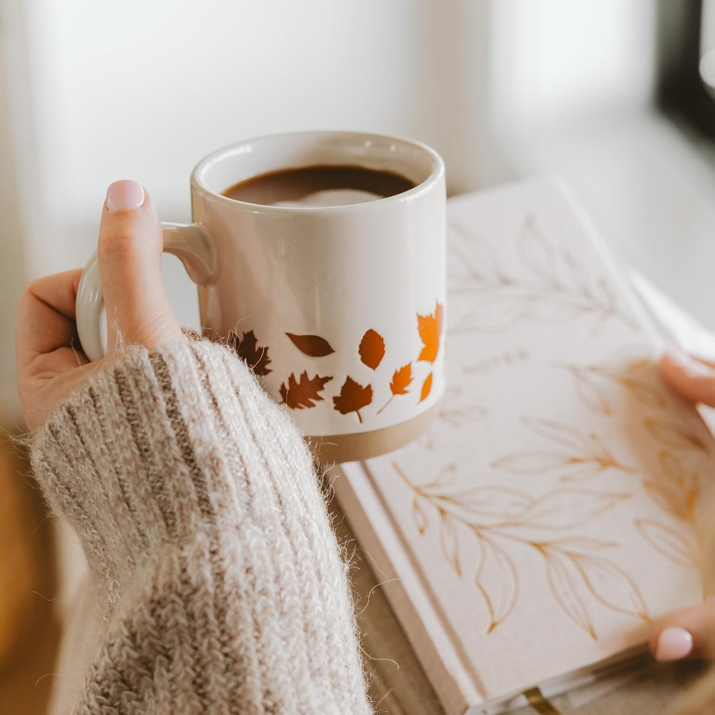 Sweet Water Decor Fall Coffee Mug with Orange Leaves Design, 14oz Stoneware Cup with Handle for Tea & Cider, Microwave & Dishwasher Safe, Cozy Autumn Seasonal Gift