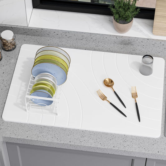 Large Stone Drying Mat for Kitchen Counter, 24" × 16" Diatomite Dish Drying Mat, Quick Dry Stone Mats, Ultra Absorbent Natural Diatomaceous Earth Mats for Dished, Bottles, White