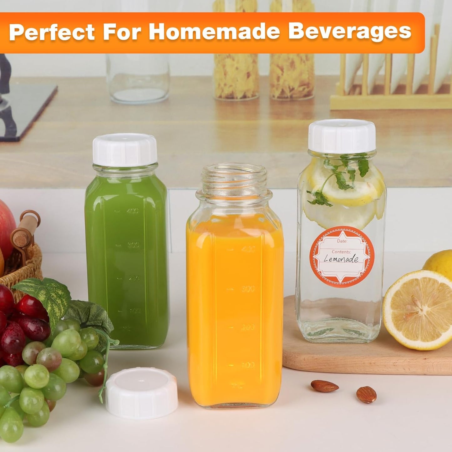 4 Pack 16 OZ Glass Milk Bottles with Lids, Glass Juice Bottles with Scale & Silicone Pour Spout, Reusable Juice Containers Square Drinking Jars for Milk, Coffee, Smoothies, Water