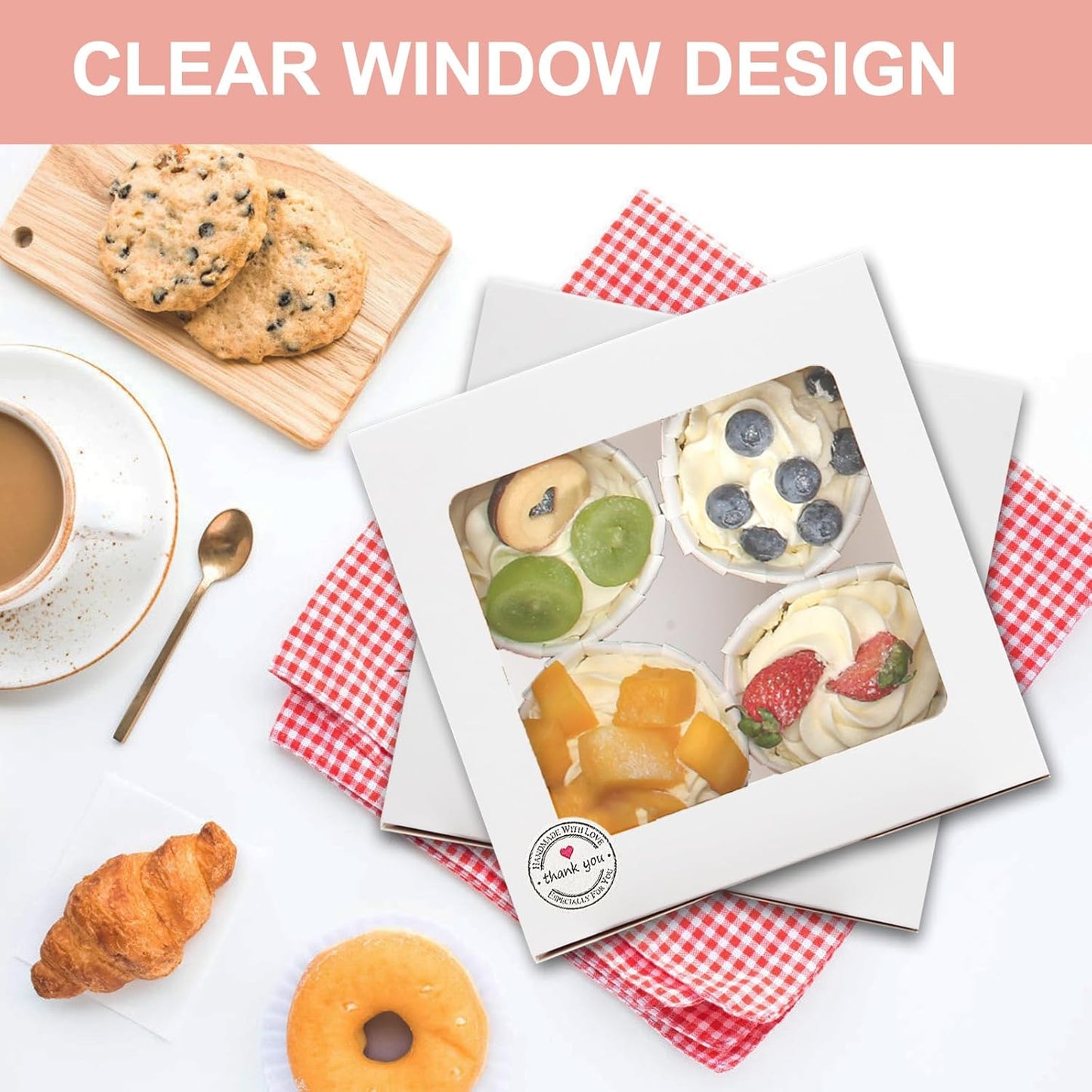 OAMCEG 50 PCS White Cupcake Boxes with Window and Insert, 6x6x3 Inch Kraft Treat Boxes with 4 Cavity for Cookies, Pastries, Desserts, with Stickers & Jute Twine