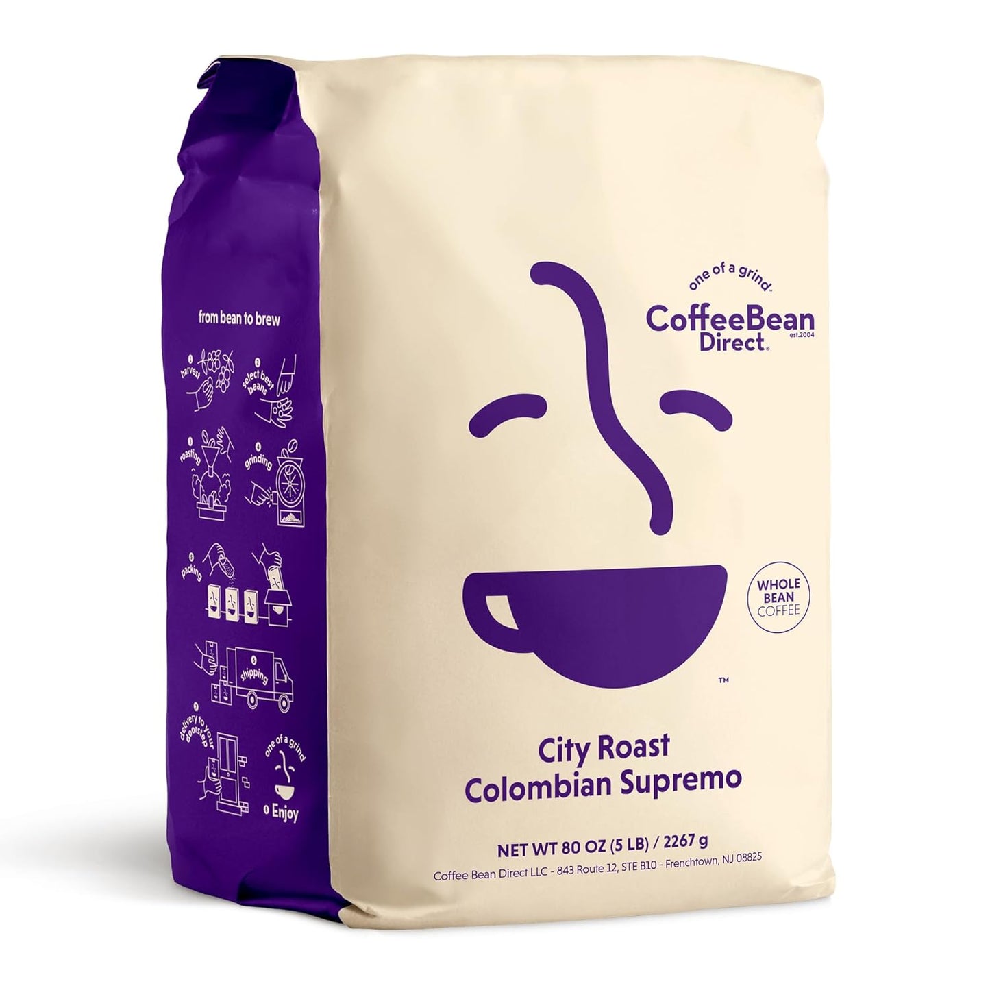 Coffee Bean Direct City Roast Colombian Supremo, Whole Bean Coffee, Medium Roast, 5 Pound Bag (Pack of 1)