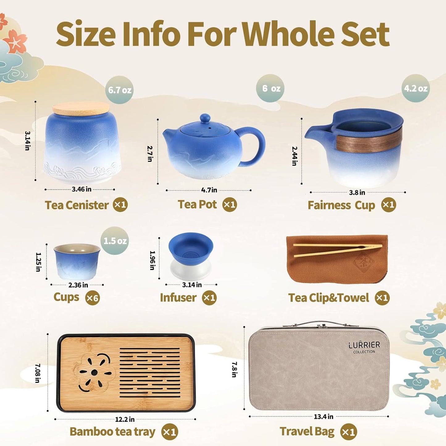 LURRIER Gongfu tea sets, Portable Ceramic TeaSet, Asian Tea sets for adult, Tea Gift sets, Grey leather case, Portable Travel Bag,Home,Gifting,Outdoor and Office(XBlue and White)