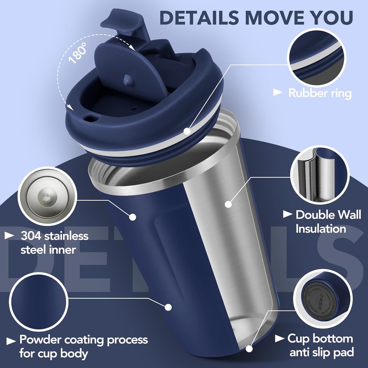 Volhoply 12 oz Double Wall Insulated Vacuum Travel Coffee Mug with Flip Lid,Reusable Stainless Steel Leak Proof Coffee Cup,Portable Iced Cafe Thermal Tumbler Suitable for Hot & Cold Drinks(Navy,1 Set)