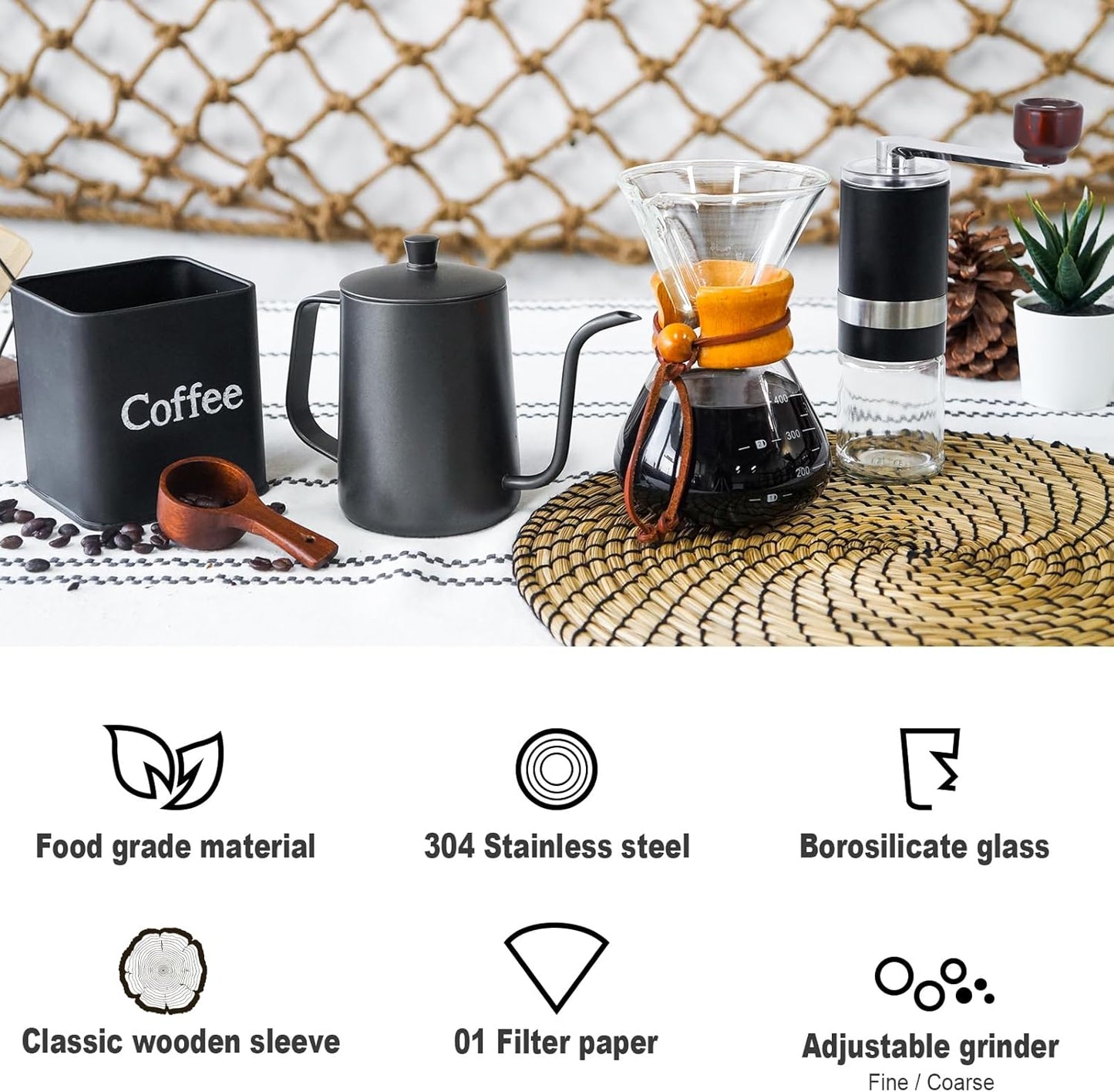 SOTECH Pour Over Coffee Maker Set Portable Pour Over Set-Manual Coffee Grinder Heatproof Glass Coffee Dripper for Traveling Camping