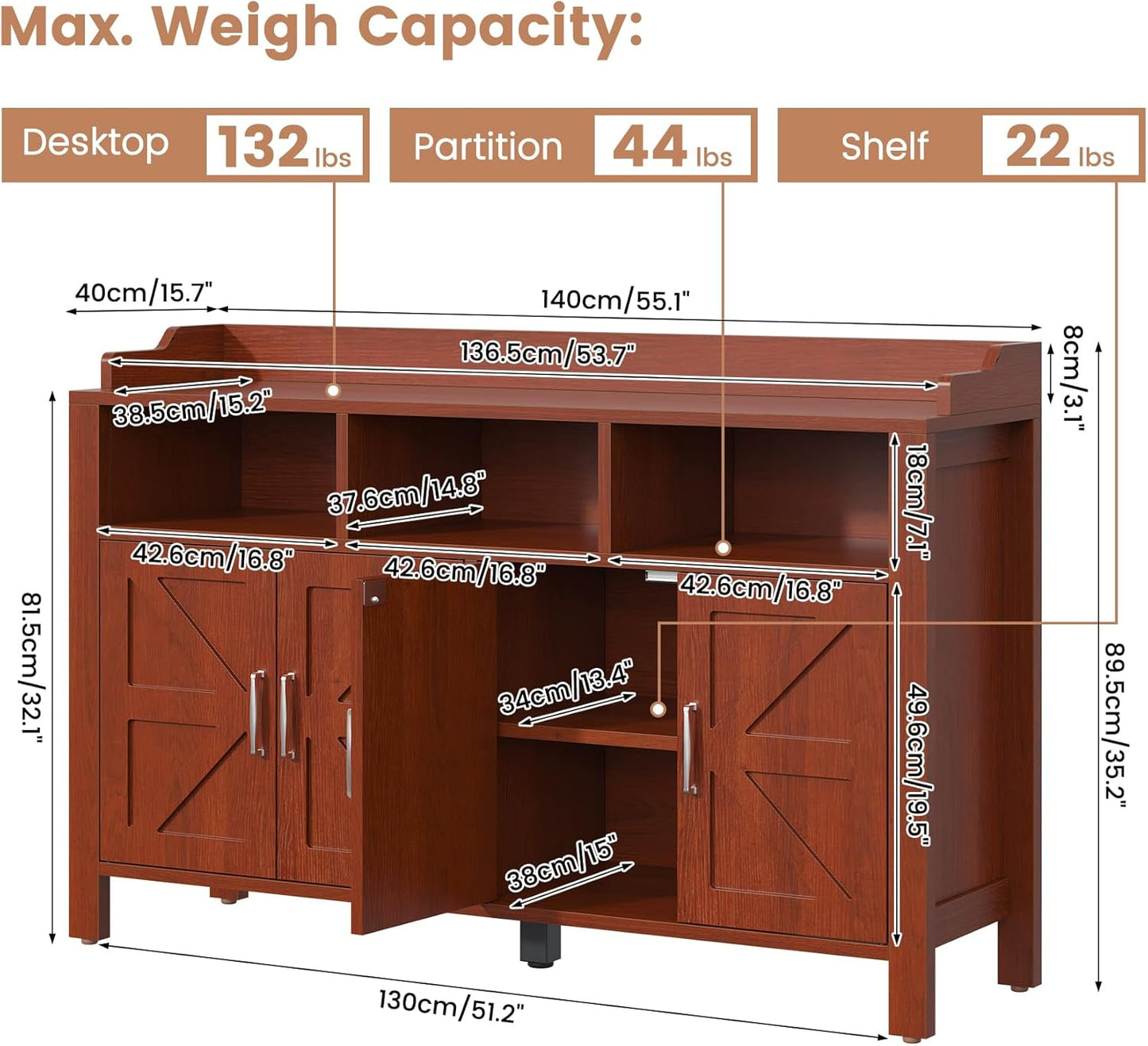 Buffet Cabinet with Storage Farmhouse with 4 Doors and 3 Open Compartments, 55'' Large Kitchen Storage Cabinet Cherry Wood Coffee Bar Buffet Sideboard for Kitchen, Dining Room, Living Room
