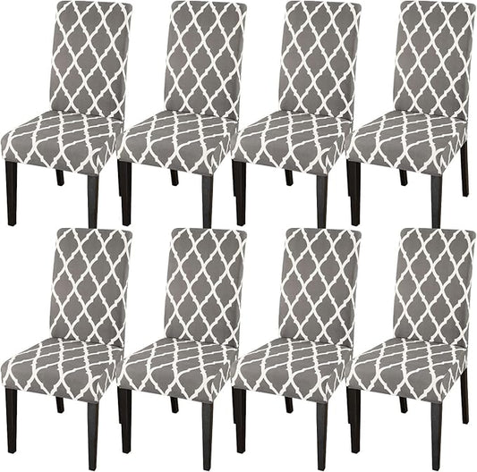 JQinHome Dining Room Chair Covers Set of 8, High Stretch Chair Slipcover Removable Washable Chair Seat Protector Cover for Home Party Hotel Wedding Ceremony (Grey White)