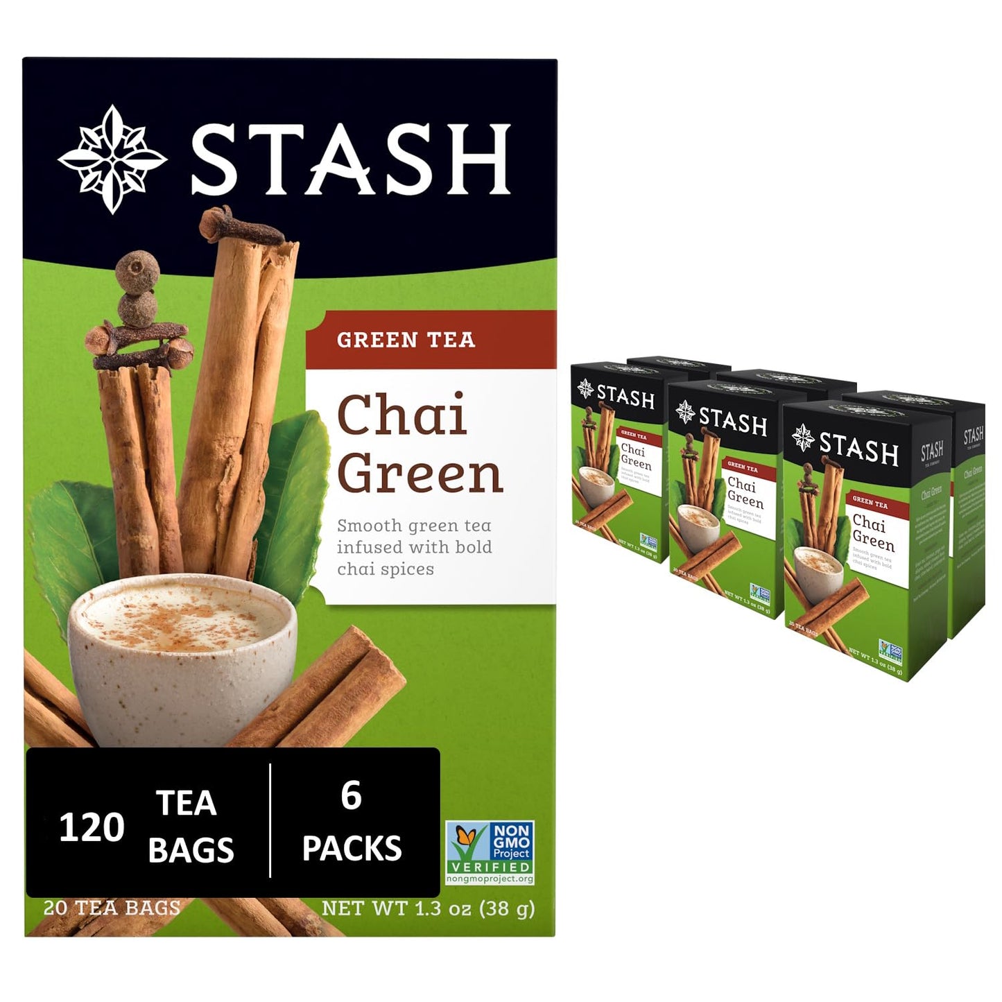 Stash Tea Chai Green Tea - Caffeinated, Non-GMO Project Verified Premium Tea with No Artificial Ingredients, 20 Count (Pack of 6) - 120 Bags Total