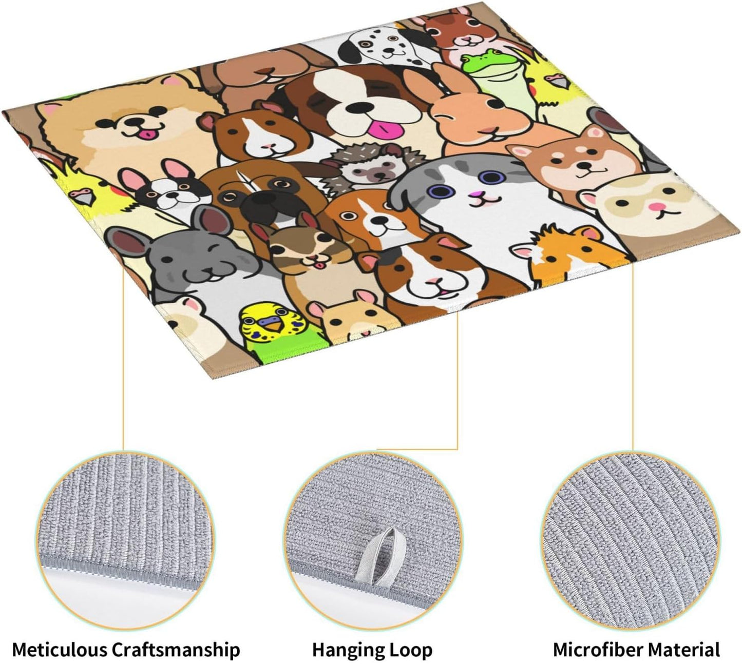 Cute Animals Pattern Dish Drying Mat, Highly Absorbent Microfiber Kitchen Counter Pad Reusable Washable, 16*18"