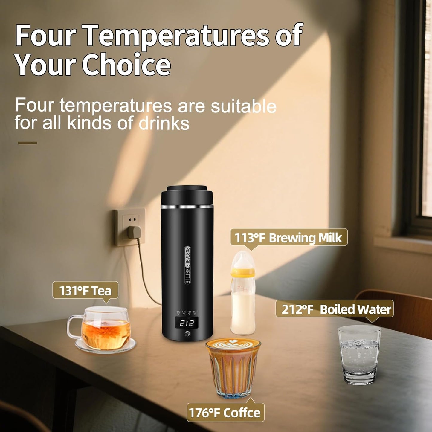 Travel Mini Kettle Portable Small Electric Kettle with Plug-in Boiling & Keeps Warm via USB, Portable Water Boiler with 4 Temperature Settings, 304 Stainless Steel with Auto Shut-off 16oz(Black)