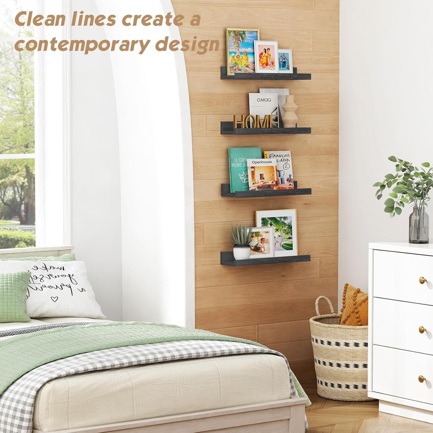 Forbena Black Picture Ledge Shelf, Floating Shelves with Lip for Wall, Small Wall Shelves for Bathroom Bedroom Kitchen Office Living Room Books, Art Pictures, Photo Frame, Plants (4-Pack, Real Wood)