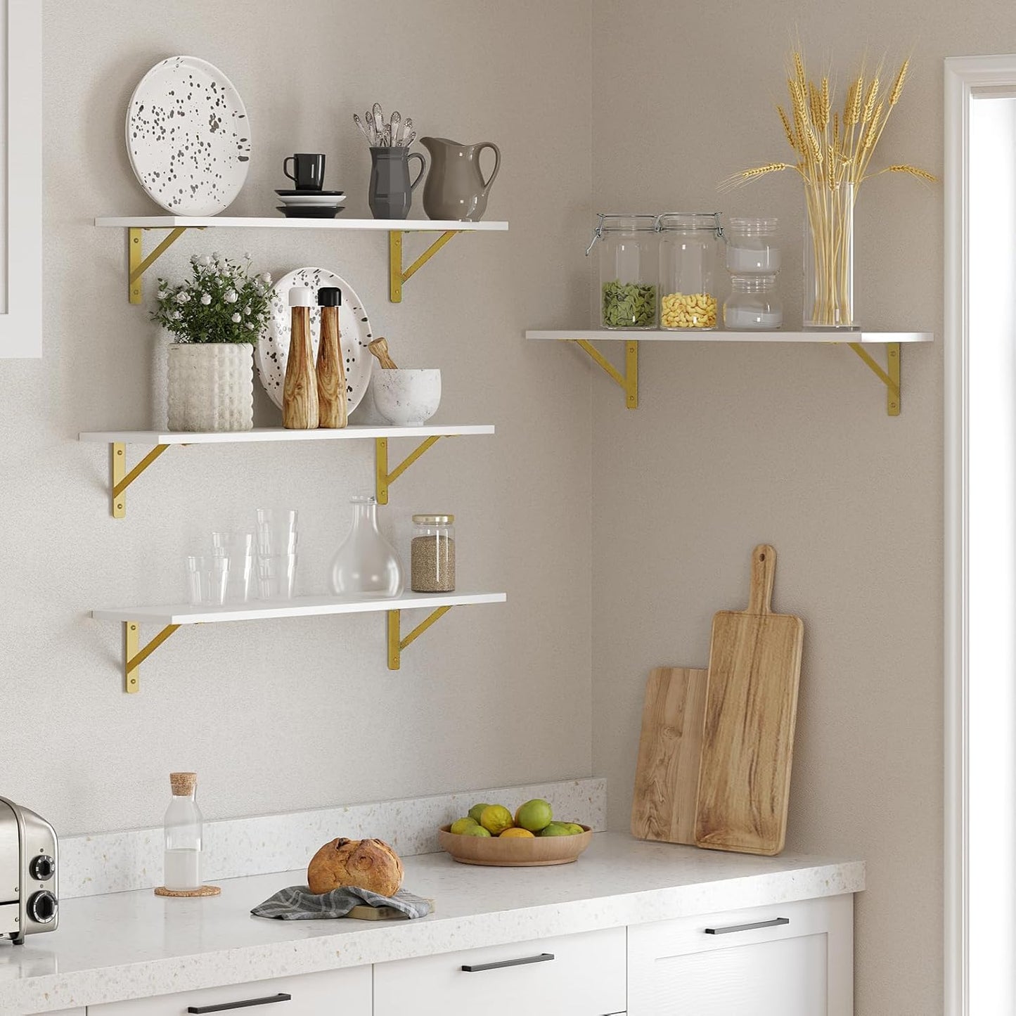 DINZI LVJ Long Wall Shelves, Set of 4, 31.5Inch Wall Mounted Shelves, Floating Shelves for Wall Storage with Metal Brackets, for Living Room, Bathroom, Bedroom, Kitchen, White and Gold