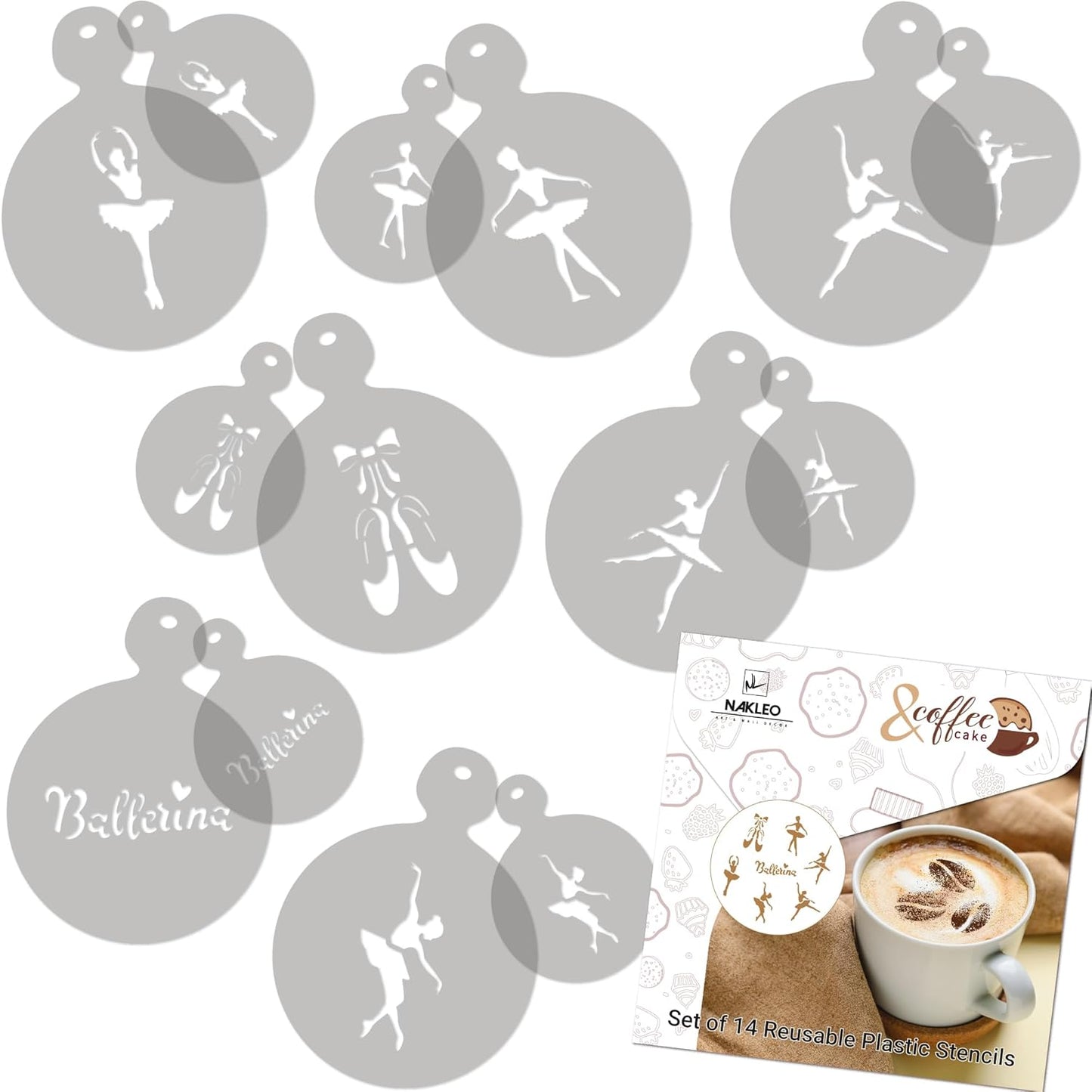 NAKLEO Coffee Cookies Decoration Reusable Plastic Baking Stencil - 7x7cm and 11x11cm / 2.8'x2.8' and 4.3'x4.3' - Ballerinas Dancers Ballet - Art Craft DIY Biscuit Pastry Cake Glaze Kitchen
