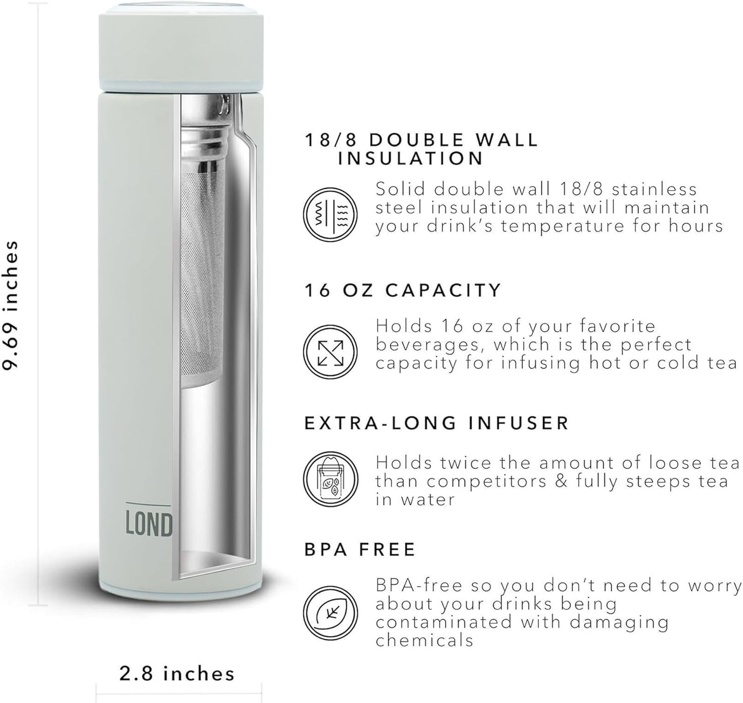 London Sip 16.9 oz Multi-Purpose Tea Infuser Mug – Fruit Infuser Water Bottle for Hot and Cold – Double Wall Stainless Steel Insulated, Pearl White