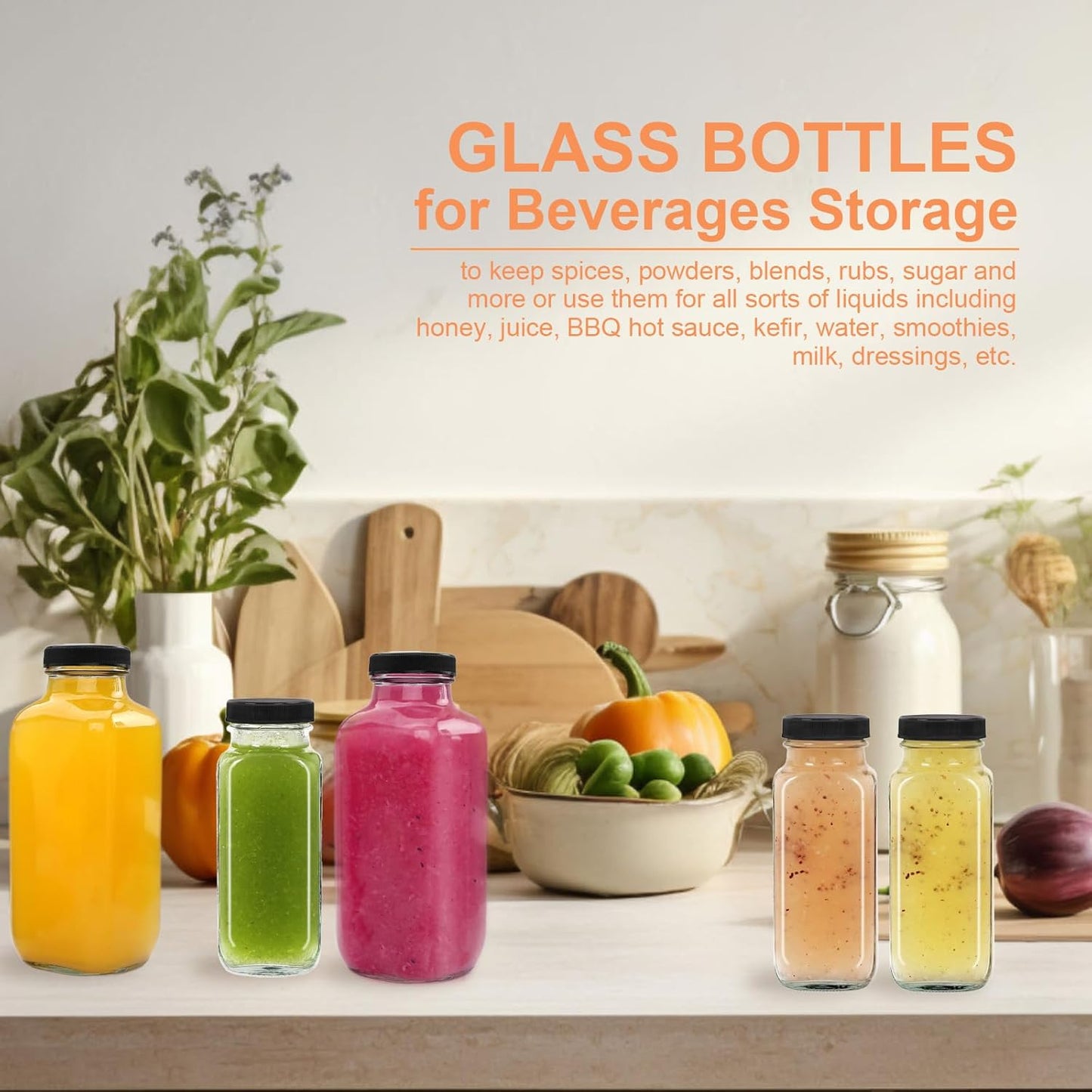 12 pack 8 oz Glass Juice Bottles with Lids, Reusable Glass Water Bottles, 250 ml Juice Containers Drinking Jars with Brush, Drink Jars for Milk, Juicing, Kombucha, Ginger