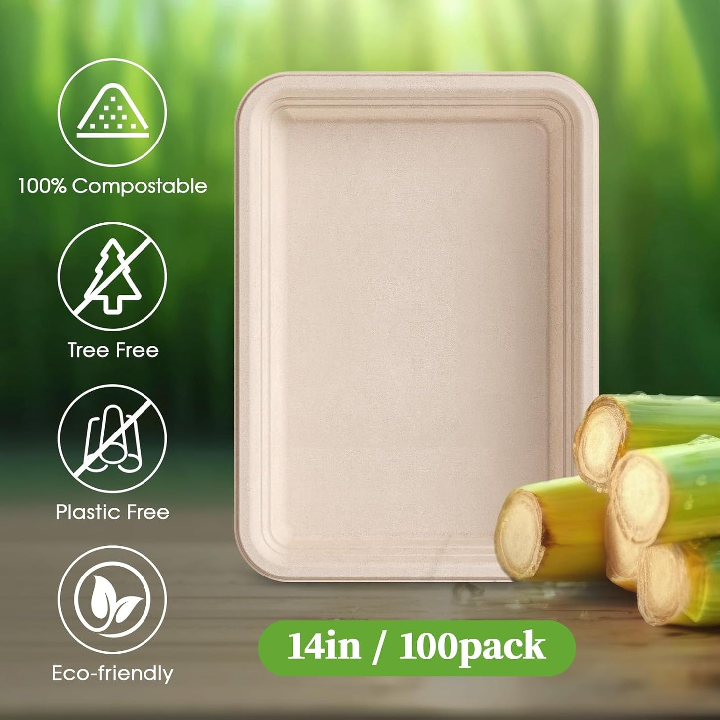 ECOLipak 100 Pack 14 Inch Disposable Food Crawfish Trays, Compostable Large Paper Plates, Disposable Thanksgiving Trays for Serving Food, Turkey, BBQ, Seafood Boil Party Supplies(Nature)