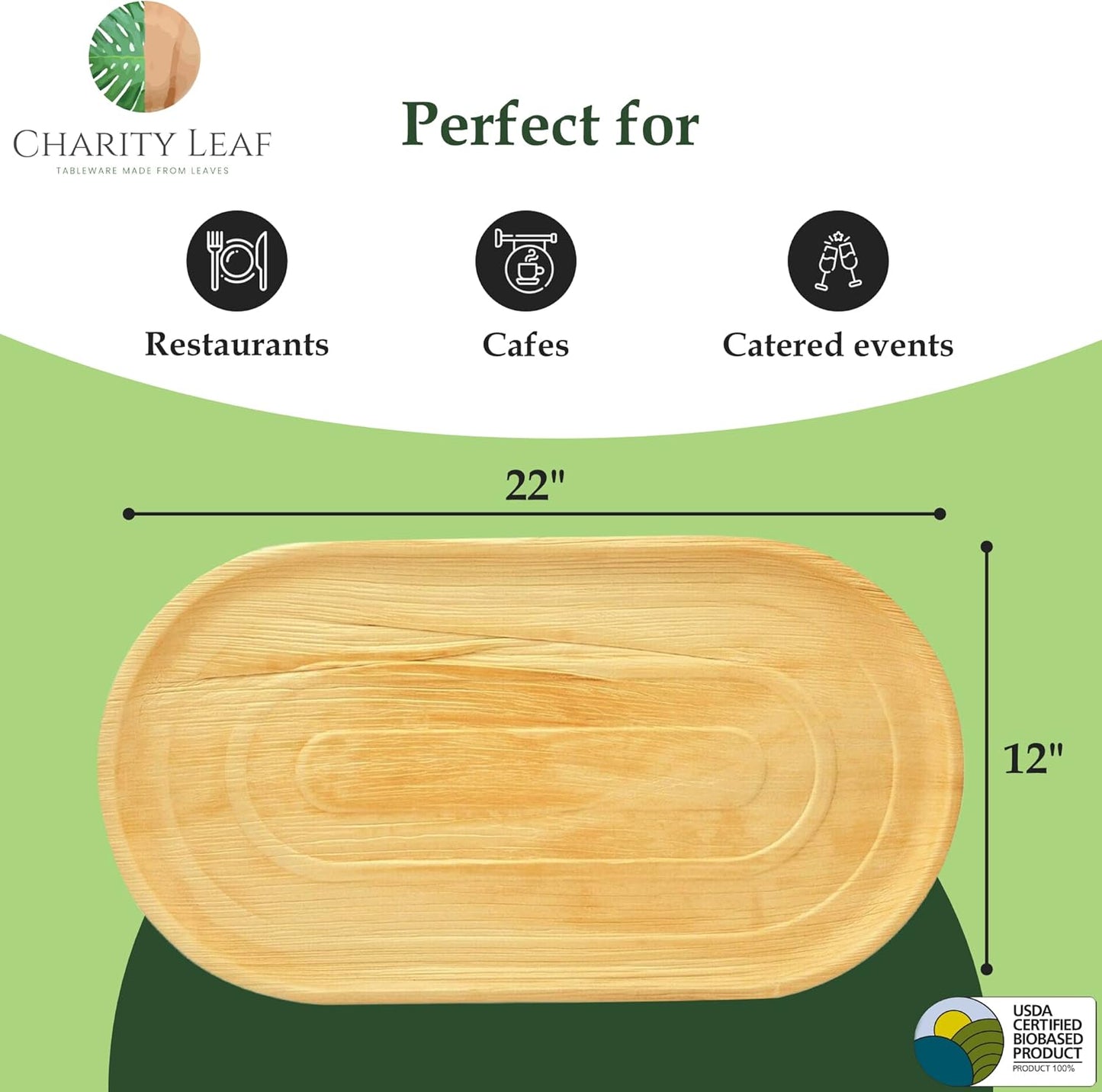 Charity Leaf 10-Pack 22"x12" Palm Leaf Trays | Eco-Friendly, Compostable Platters for Weddings, Charcuterie Boards & Events