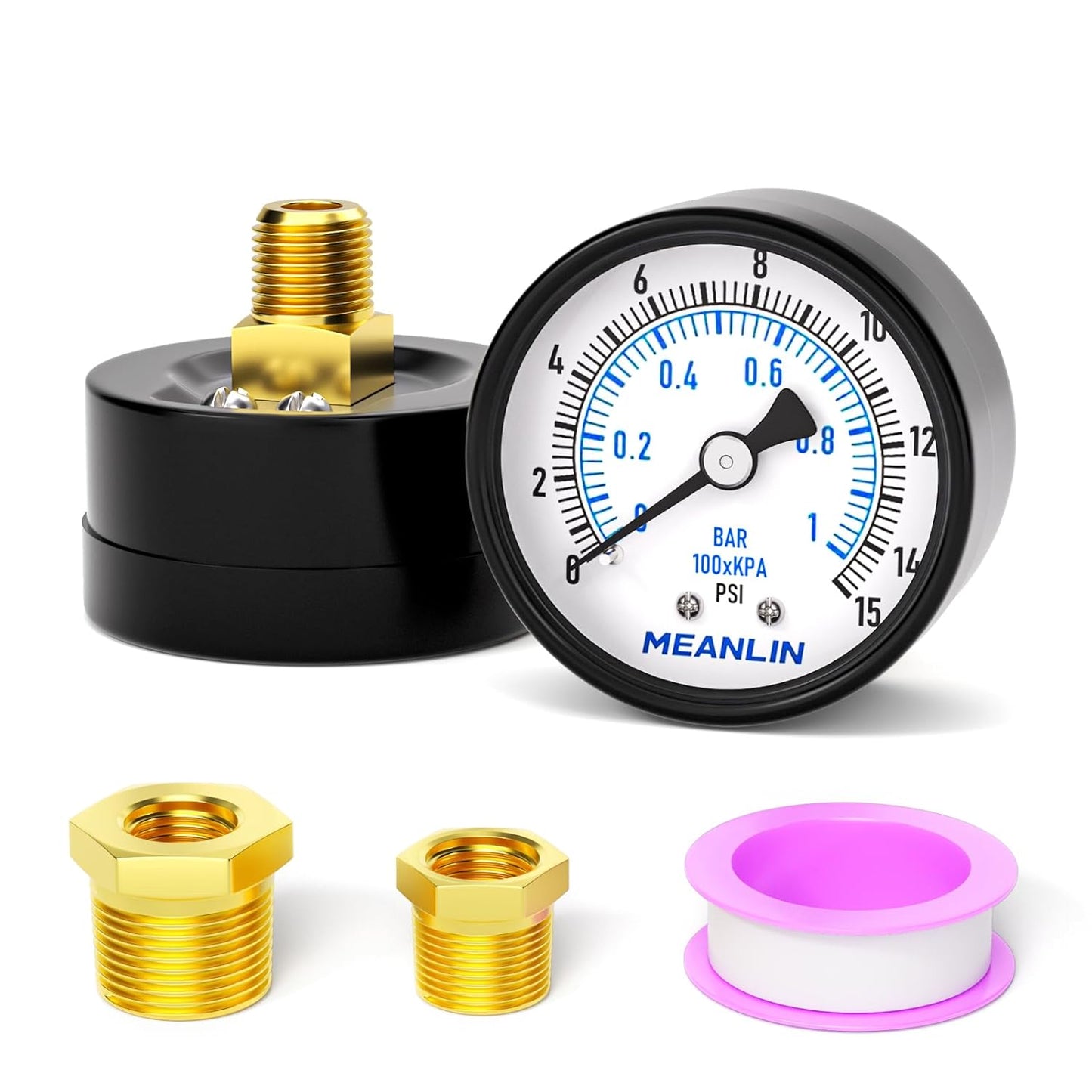 MEANLIN MEASURE 0-15Psi 2" DIAL FACE 1/4" NPT Well Pump Pressure Gauge, with 1/2" NPT and 3/8" NPT Hex Bushing, 3-2-3% Accuracy, Center Back Mount