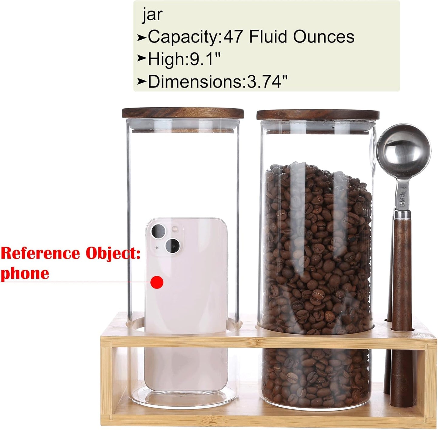 KKC HOME ACCENTS Clear Glass Food Storage Canisters with Airtight Wooden Lids and Scoops,Air Tight Sealed Glass Canisters with Spoons for Ground Coffee and Beans,Loose Tea,Flour,Sugar,47 Fl oz