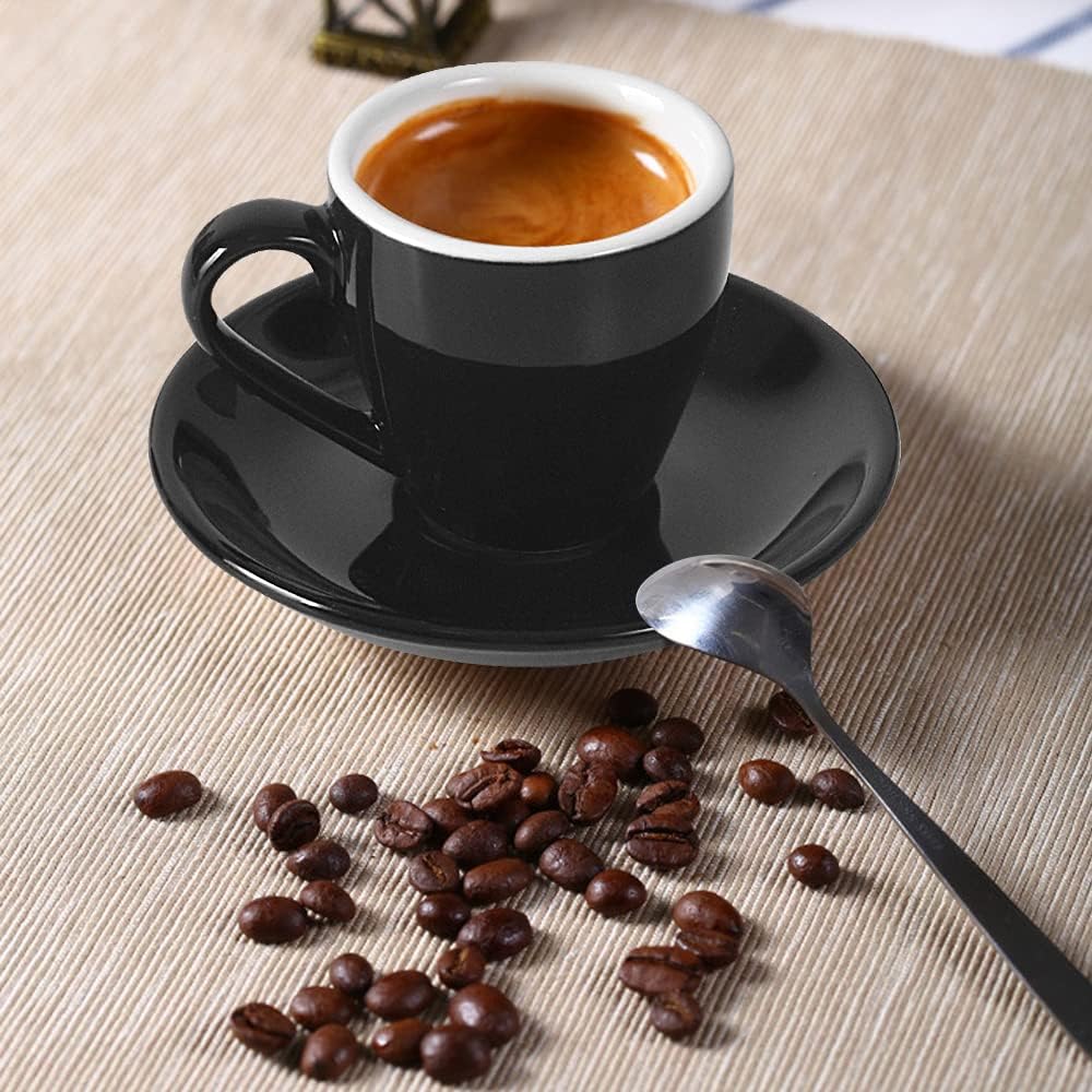 Porcelain Espresso Cup with Saucer And Stainless Steel mini Spoons, Espresso shot Cup, 80ml/2.7Oz, Pack of 2, Black