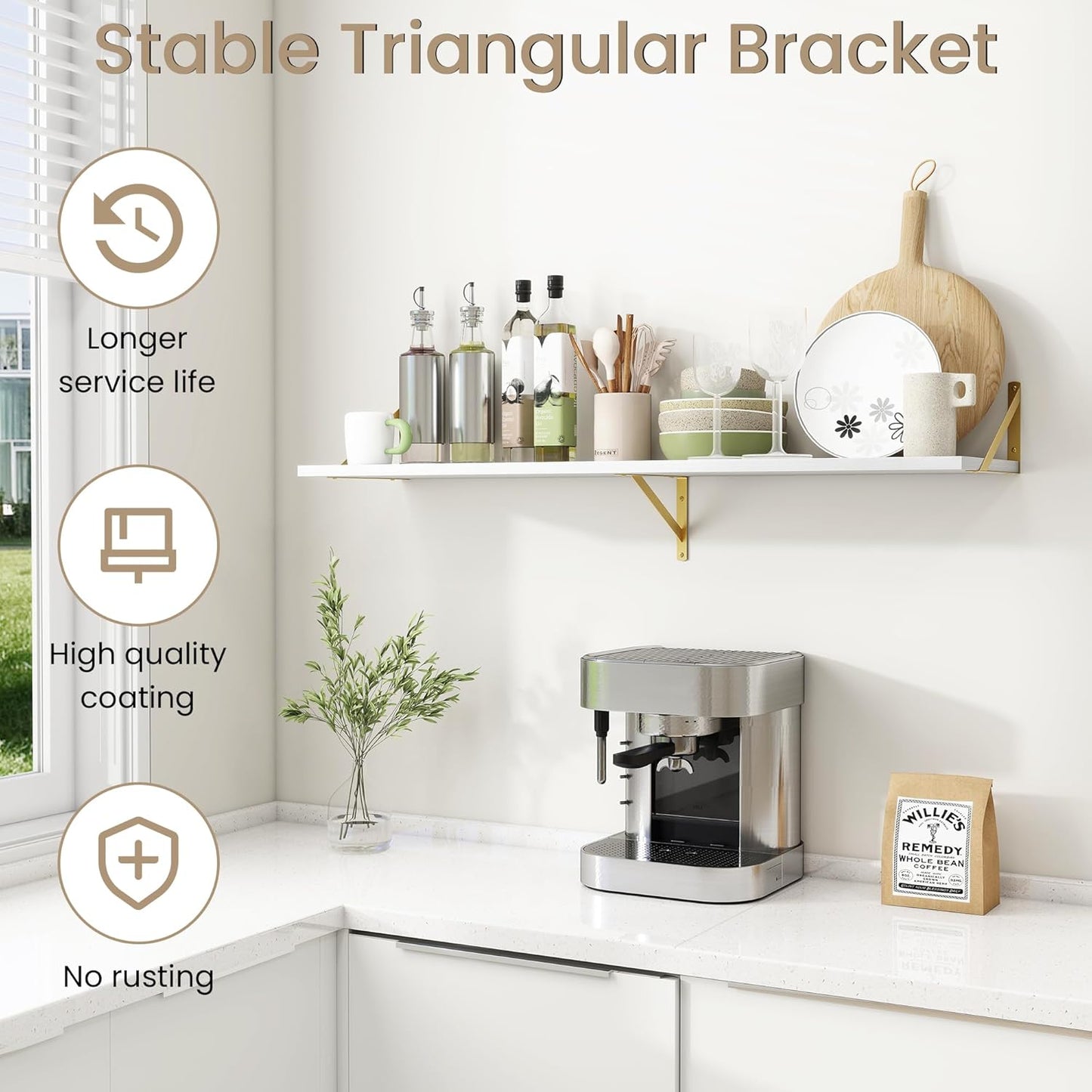 Floating Shelves for Wall, 12 Inch Deep Floating Shelves Set of 2, 48W x 12D Large Wall Shelf with Sturdy Metal Brackets for Living Room, Bathroom, Bedroom and Kitchen, White with Gold Bracket