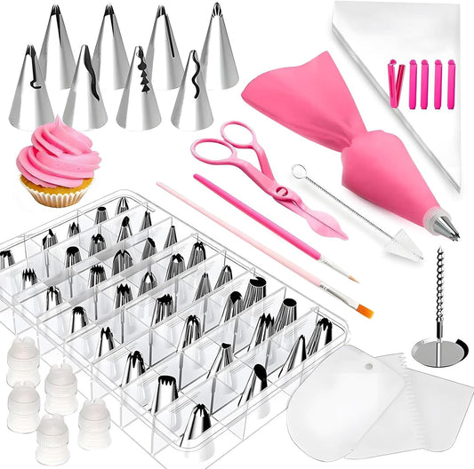 Generic Cake Decorating Kit; 83 Pieces; Pink; Flower Opening; Silicone & Stainless Steel Piping Tips