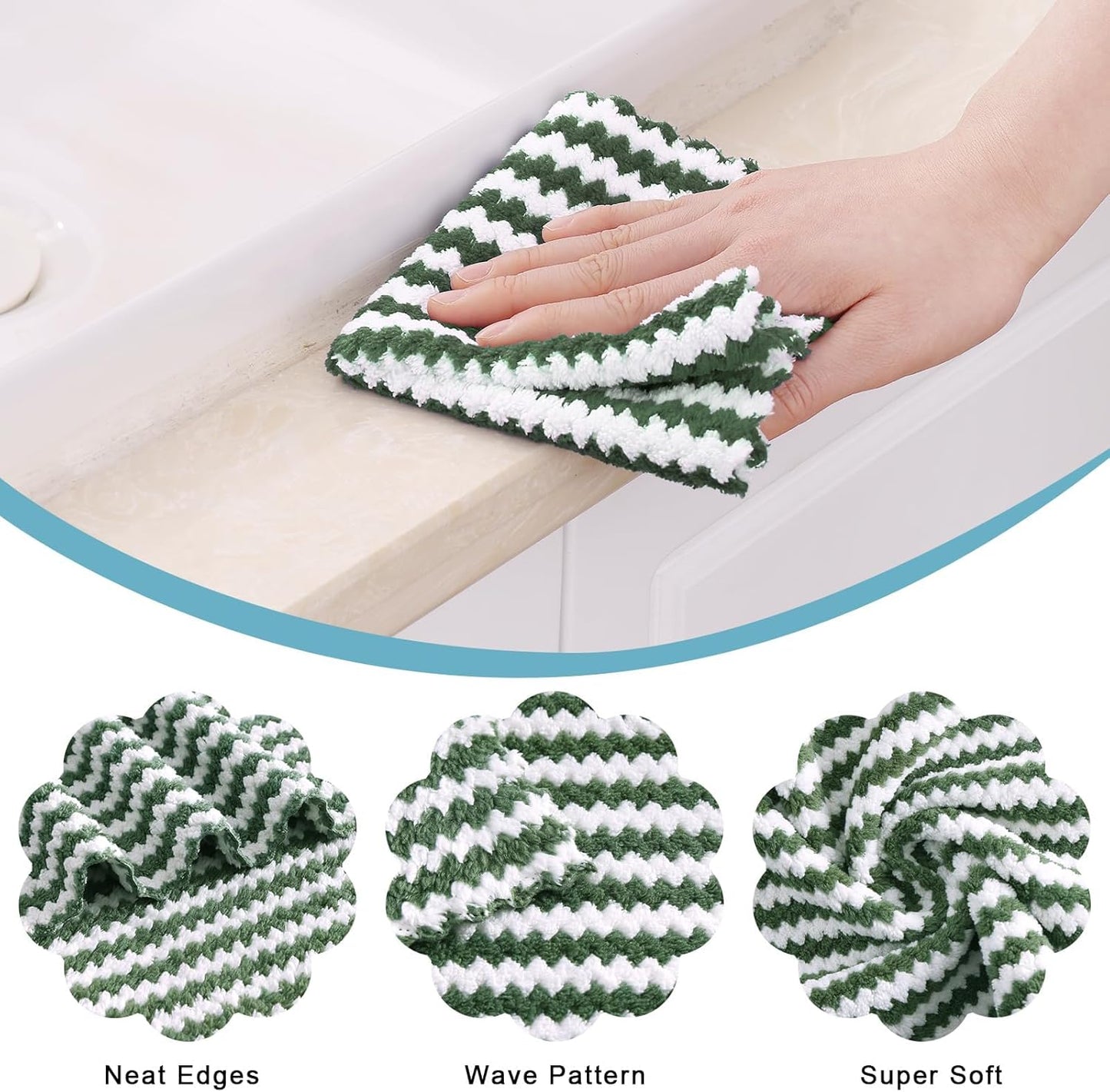 Homaxy 24 Pack Kitchen Dish Cloths, Ultra Soft and Absorbent Dish Towels, Reusable Fast Drying Microfiber Cleaning Cloth, Coral Velvet Wave Design No-lint, 10 x 10 inches, Grass Green