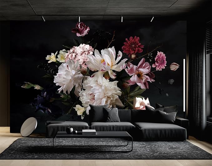 Dark Floral Wallpaper Mural Vintage Peony Flowers Black Background Wall Mural Bedroom (Not Peel and Stick)