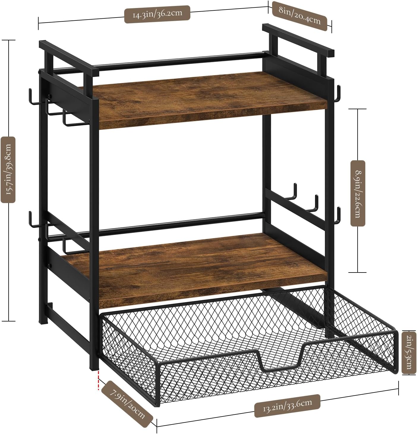 Coffee Bar Organizer, 3 Tier Coffee Station Organizer for Countertop, Mug Cup Holder Stand with 12 Hooks, with K Cup Storage Drawer, Tea Organizers Accessories for Home Office