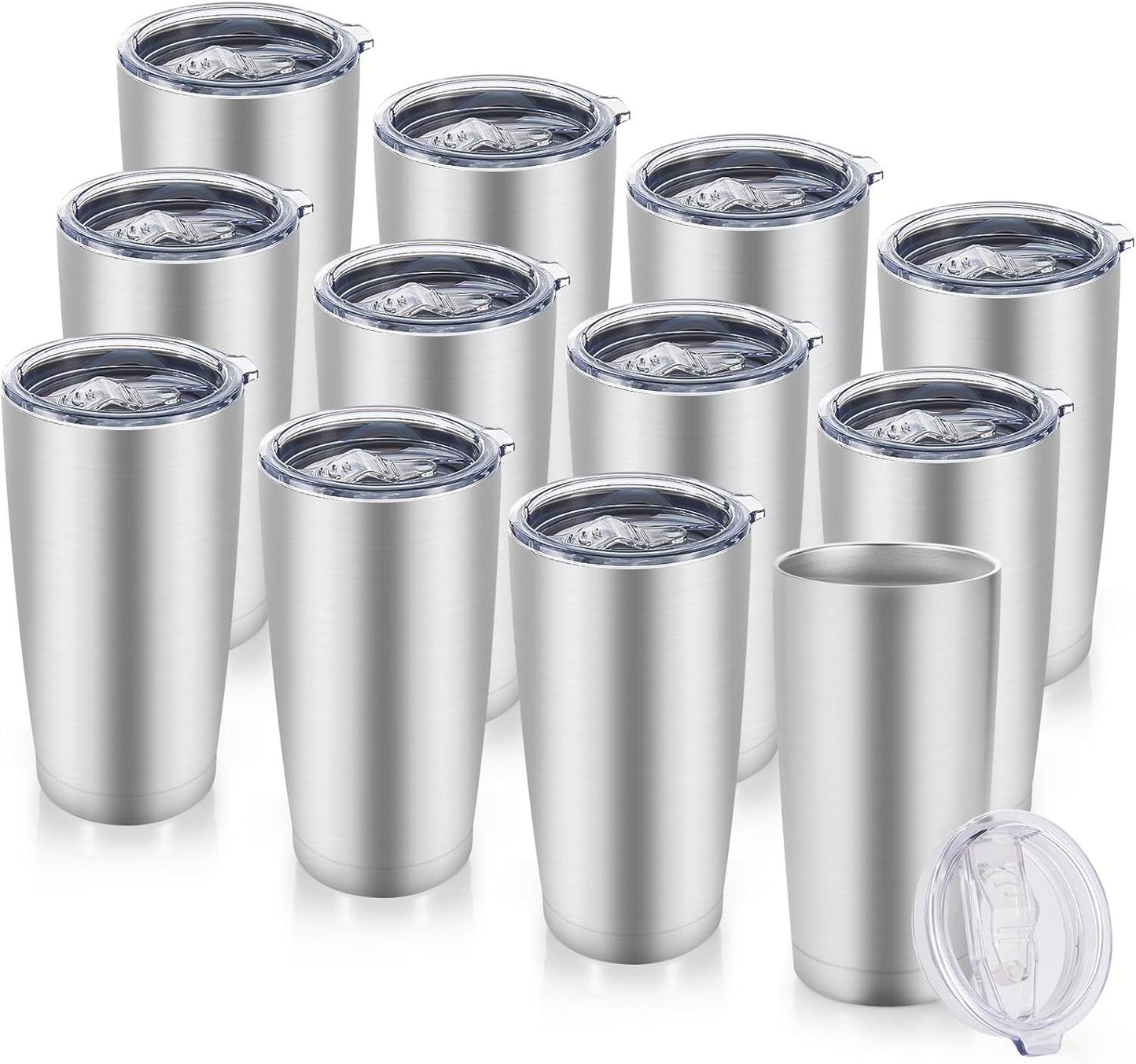 20 oz Tumblers Bulk Stainless Steel Tumbler with Lid Double Wall Vacuum Insulated Coffee Mug 20oz Powder Coated Cup for Hot and Cold Drinks, Stainless, 12 pack