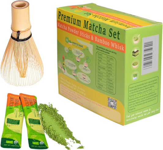 Mini Matcha Tea Set-Ceremonial Organic Japanese Matcha Powder With 30 single-serving sticks and Handmade Bamboo Whisk