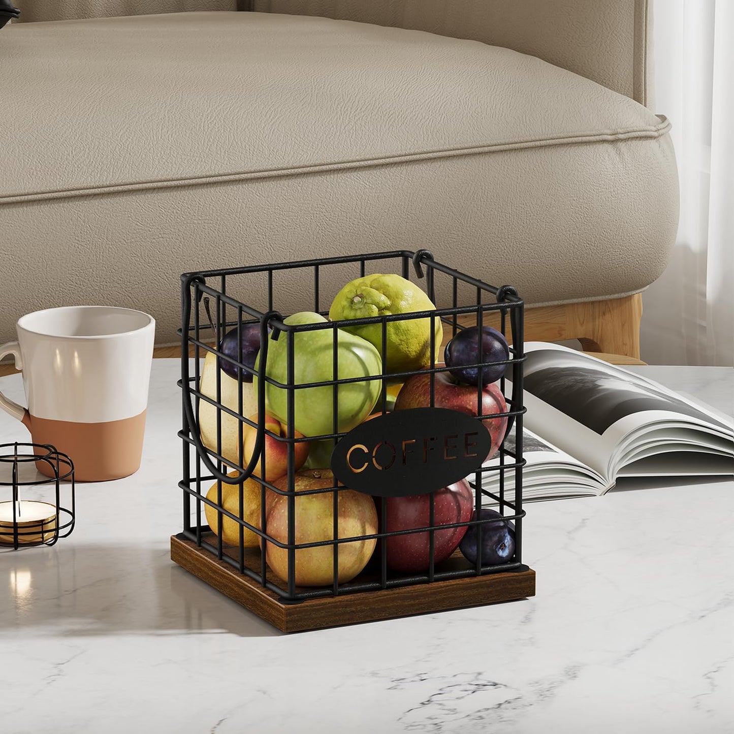 YINMIT K Cup Holder Organizer, Rustic Coffee Pod Holder Organizer, 35 Kcup Holder for Counter with Handle，Large Capacity Black Wire Coffee Capsule Basket for Kitchen Office Desktop (Square Grid)