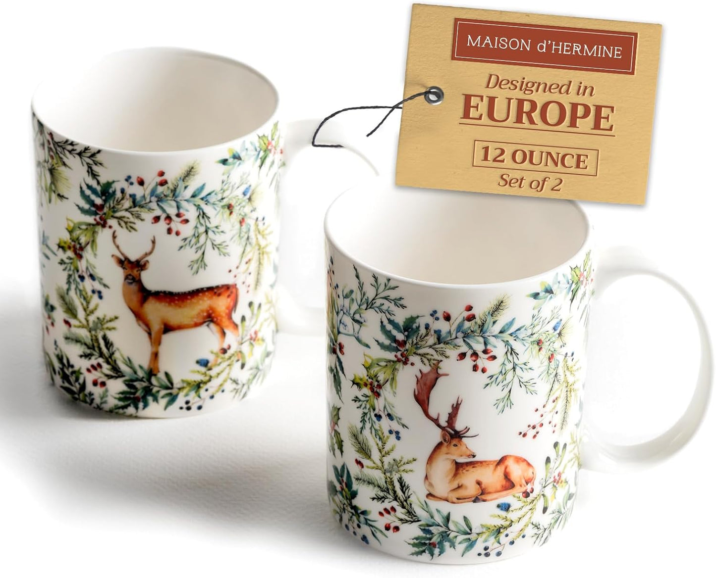 Maison d' Hermine Coffee Mug with Handles Fine Bone China Mugs Pack of Two Tea Cups for Hot Beverages Cappuccino Latte Home Restaurant Office Perfect for Gift (Holly Time, 12 Ounce)