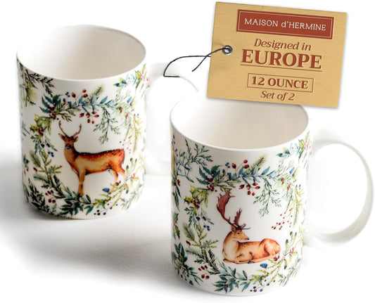 Maison d' Hermine Coffee Mug with Handles Fine Bone China Mugs Pack of Two Tea Cups for Hot Beverages Cappuccino Latte Home Restaurant Office Perfect for Gift (Holly Time, 12 Ounce)
