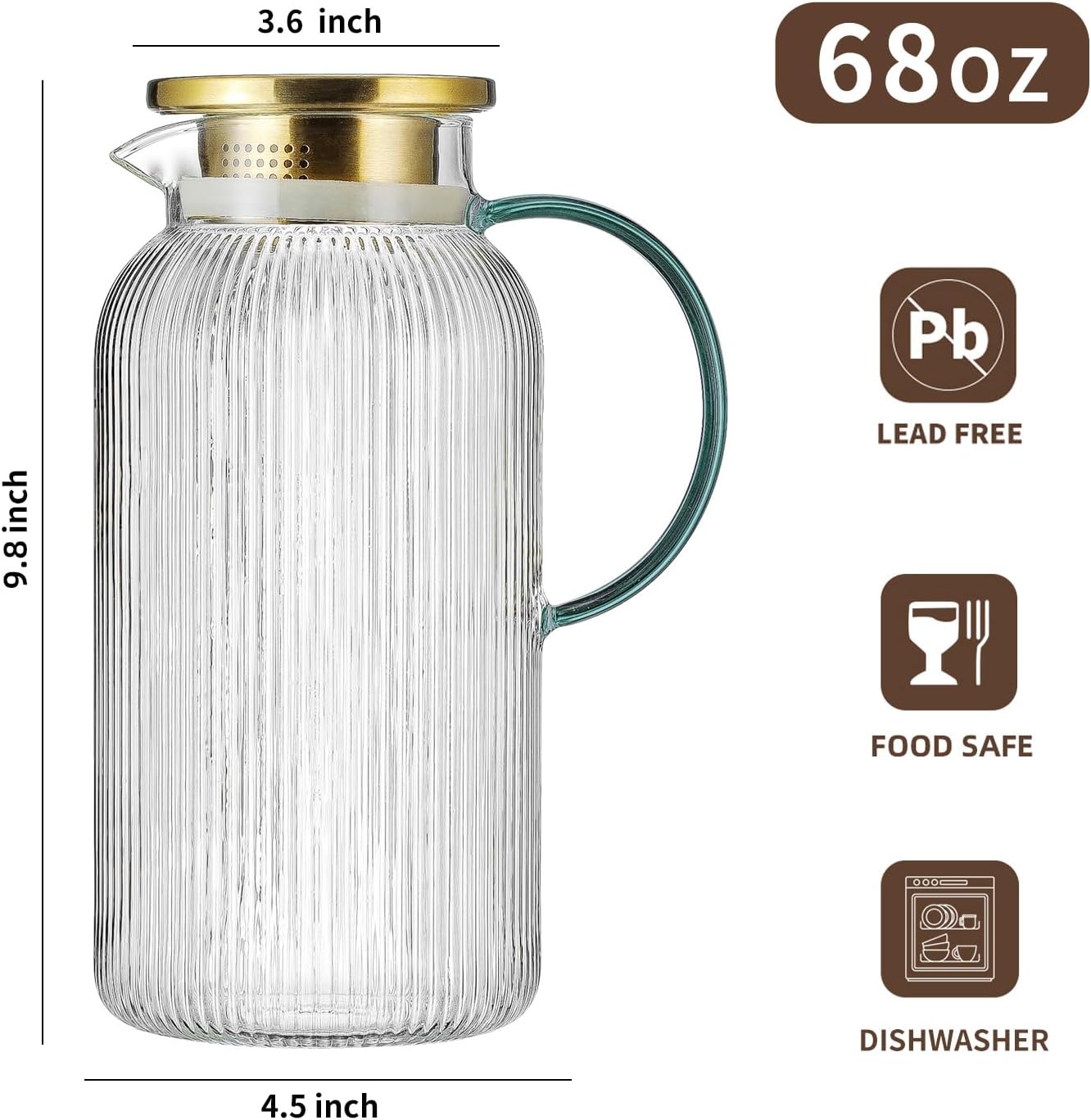 2 PACK Glass Pitcher with Lid,68 oz/ 2 Liter Vertical Stripes Water Pitcher With Green Handle,Glass Water Carafe for Cold Brew,Coffee, Lemonade, Iced Sun Tea,Beverage,Milk Heat Resistant