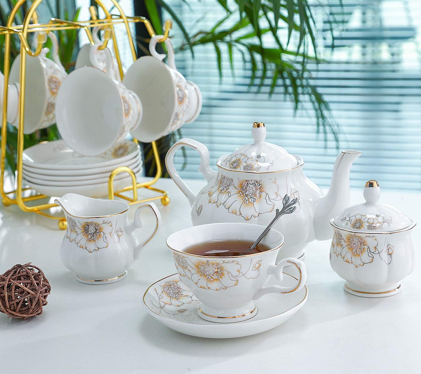 CHENP.HMC Tea Set 22-Piece Porcelain Ceramic Coffee Tea Gift Sets Cups Saucer Service for 6 Teapot Sugar Bowl Creamer Pitcher and Teaspoons (Chrysanthemum)