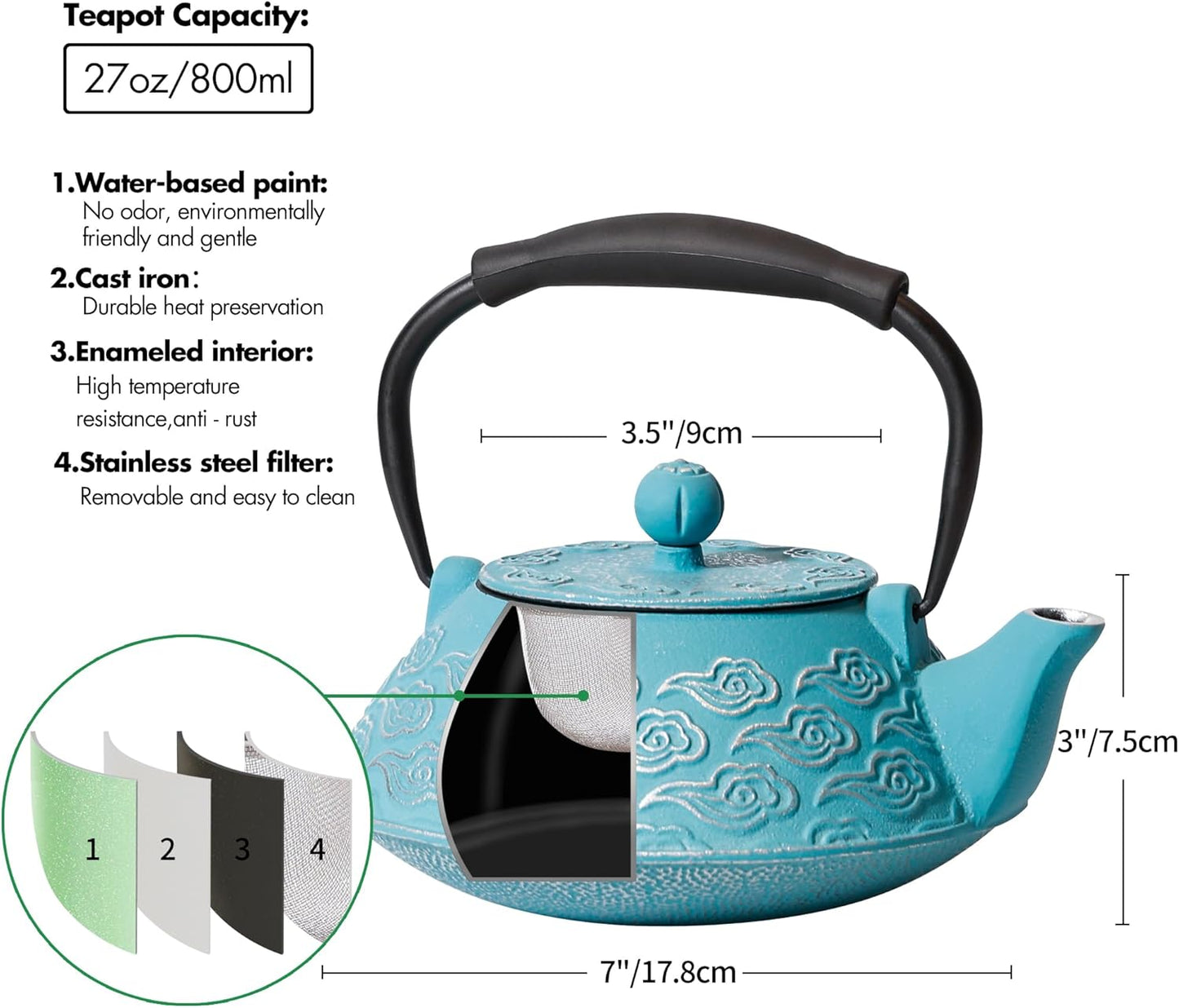 Cast Iron Teapot, Japanese Tea Pot with Infuser for Loose Leaf, Tea Kettle Stovetop Safe Coated with Enameled Interior, Clouds Pattern 27oz, 800ml Sky-Blue